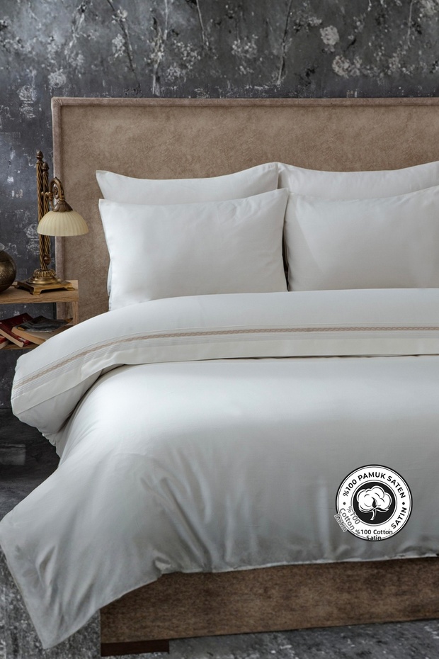 Embroidered 100% Cotton Satin Double Duvet Cover Set 4 Pieces Dowry Set Daily Luxury Devin Cream
