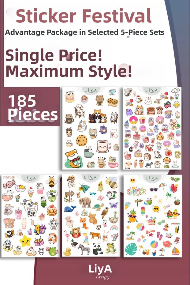 Sticker Festival Advantage Package - 185 Pieces Kawaii Cat, Sweet Snacks, and Safari Series