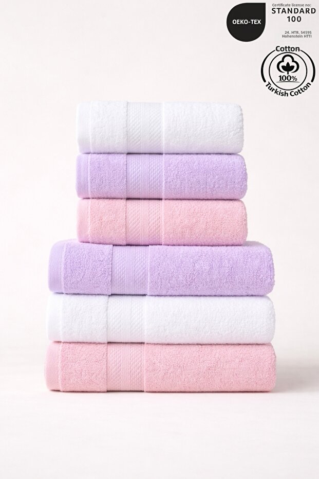 6-Piece Bath Towel Set 100% Cotton Certified, Diamond Pattern Border Head & Body Towel 50X80- 70X130Cm