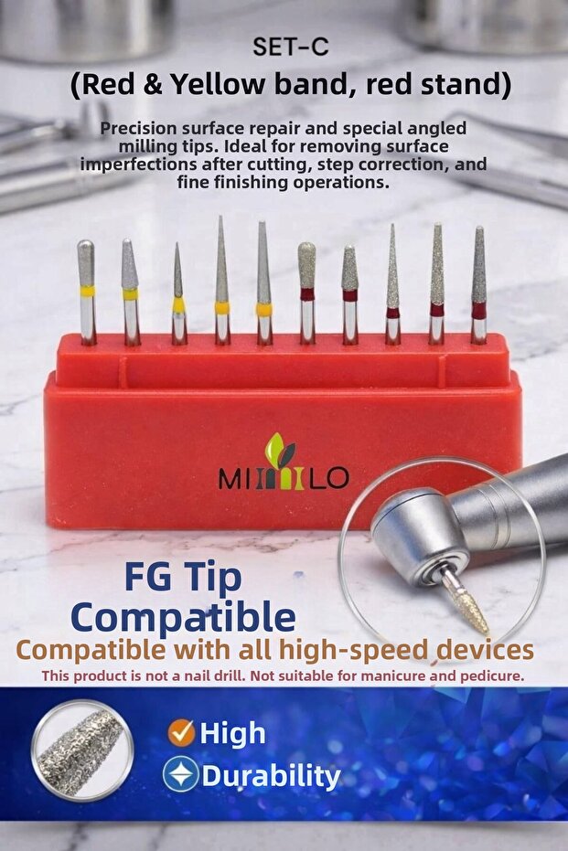 10-Piece Professional Diamond Bur Set - Compatible with Aerators and Micromotors (Blue, Red, Yellow, Belt Tips)