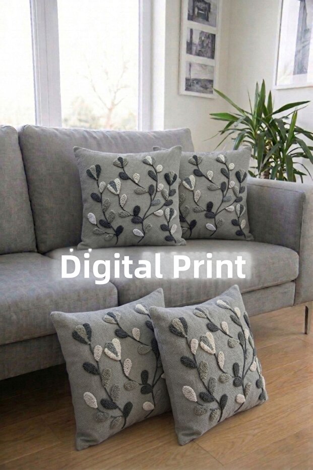Punch Embroidery Pattern 3D Digital Printed Gray Background Embroidery Round Pattern 4-Piece Throw Pillow Cover