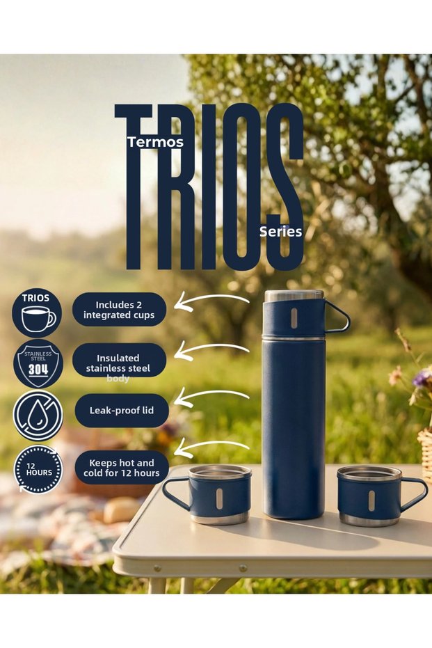 Stainless Steel Thermos Set with 3 Cups 500ml / Navy Blue
