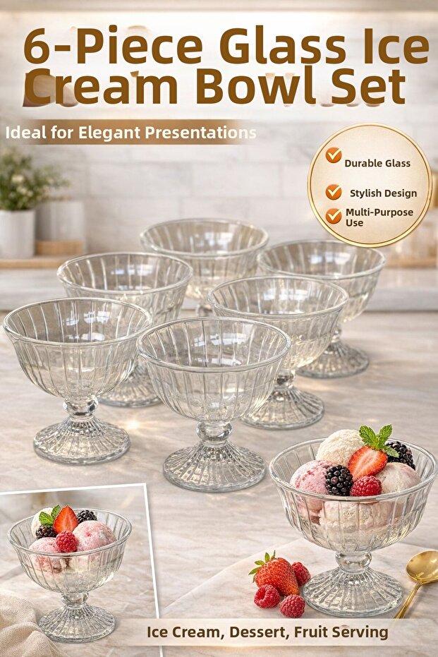 6-Piece Glass Ice Cream Bowl Set with Stand, Stylish Presentation Bowl, Dessert Fruit Serving Mug Set