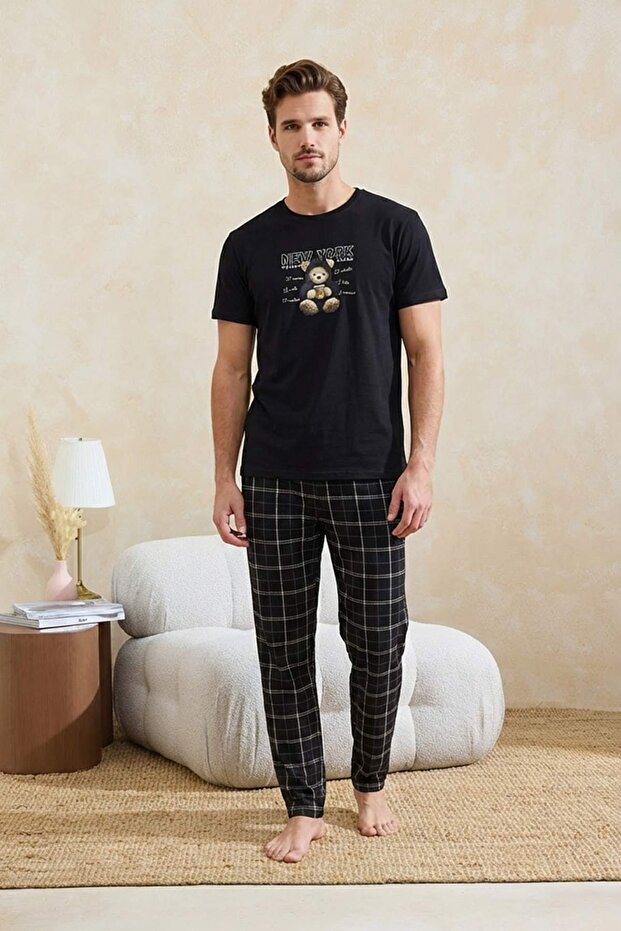Siyah Regular/Normal Kesim Ekose/Kareli Pamuklu Örme Pijama Takımı TMNSS26PT00048 - 3