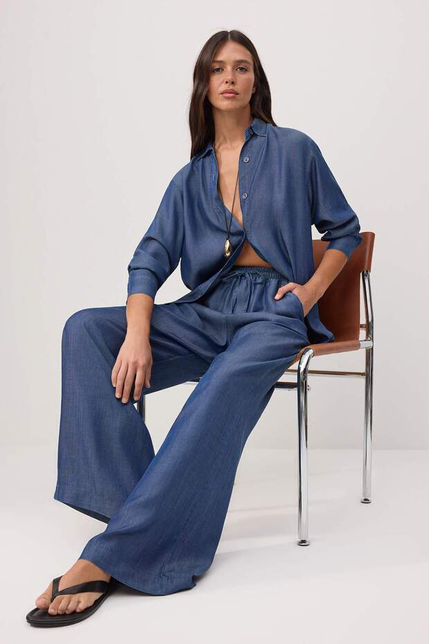 Trendyolmilla  Mavi DÖKÜMLÜ İnce Kumaş Denim Alt - Üst Takım TWOSS26AU00167 - Görsel 3