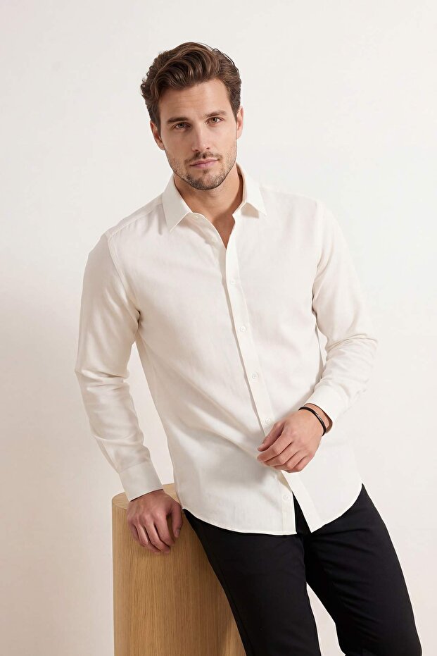 Ekru Normal Kalıp/Regular Fit %100 Pamuk Dokuma Erkek Gömlek TMNSS26GO00013 - 1