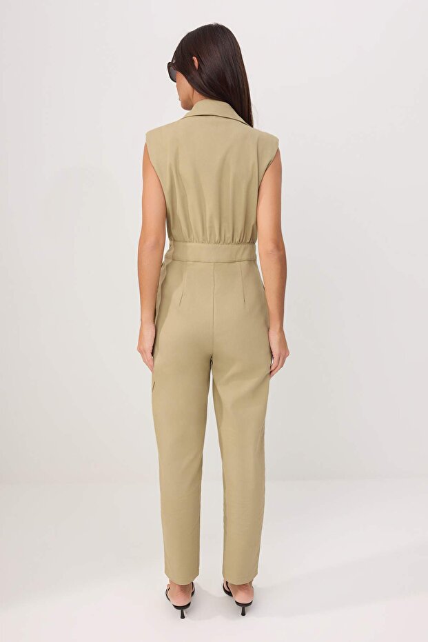 Haki Gömlek Yaka Kolsuz Gabardin Dokuma Tulum TWOSS21TU0233 - 5