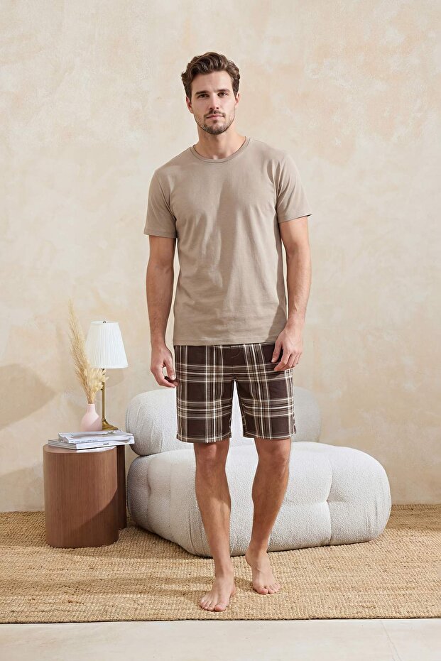 Bej Regular Ekose/Kareli Pamuklu Örme Pijama Takımı TMNSS26PT00047 - 1