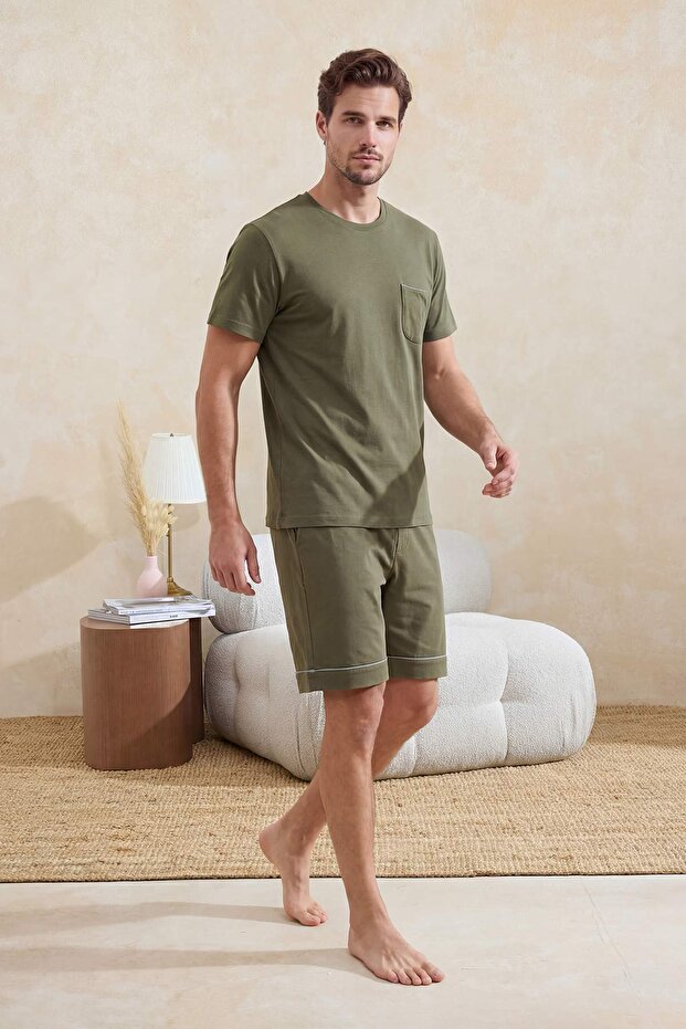 Haki Regular Fit Biyeli Örme Şortlu Pijama Takımı TMNSS24PT00021 - 1