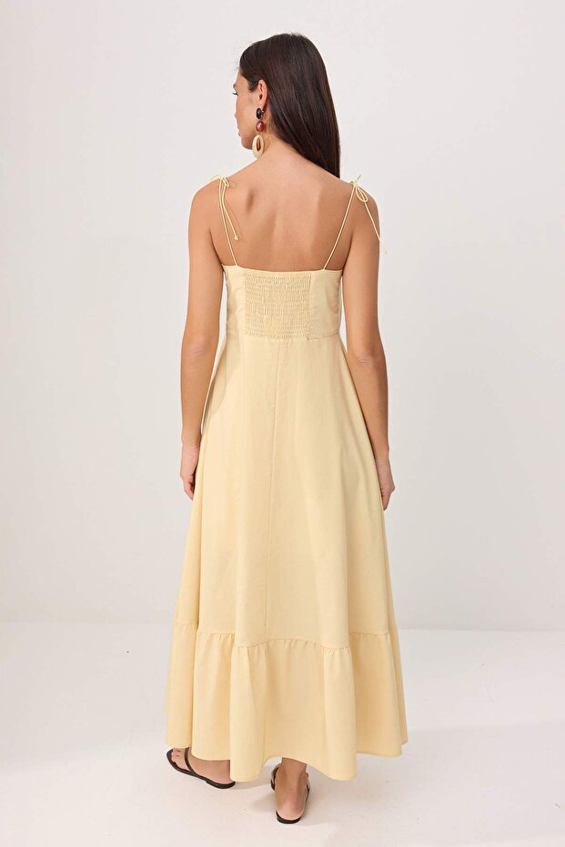 Açık Sarı Belden Açılan Drape Detaylı Askılı Dokuma Maxi Elbise TWOSS24EL01128 - 5