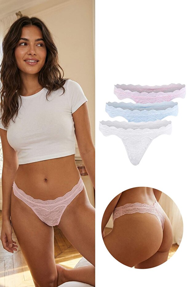 Pembe-Ekru-Mavii 3'lü Dantel Tanga Külot THMSS26KU00016 - 1
