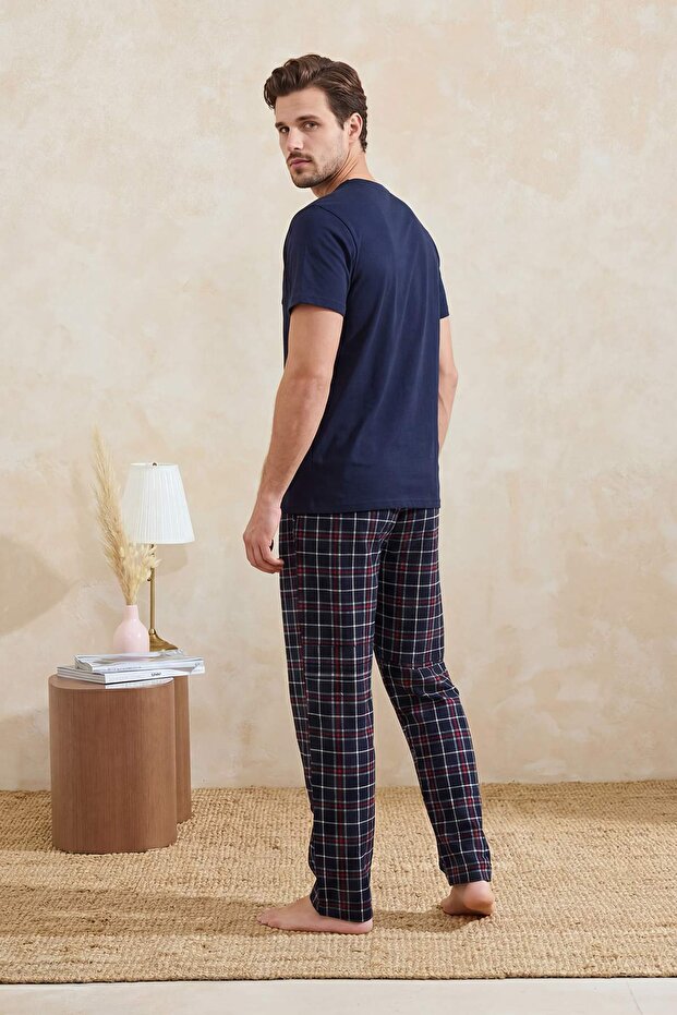 Lacivert Regular/Normal Kesim Ekose/Kareli Pamuklu Örme Pijama Takımı TMNSS26PT00048 - 4