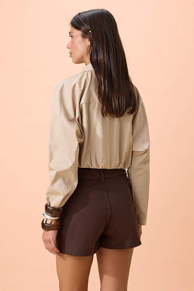 Kahverengi Gabardin Kısa Kemerli Şort & Bermuda TWOSS26SR00045 - 4