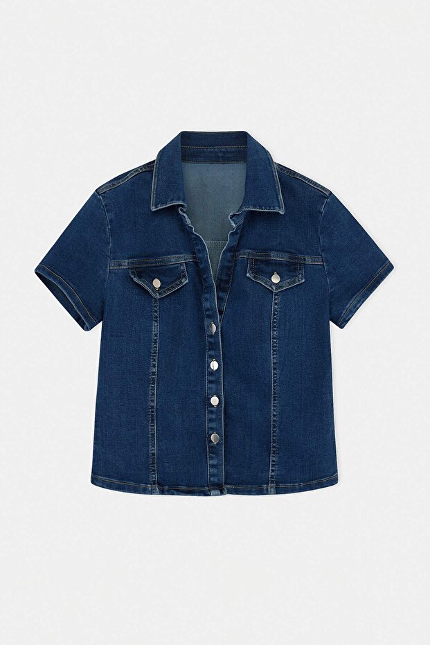 Koyu Mavi Cep Detaylı Fitted Denim Gömlek TWOSS26GO00023 - 5