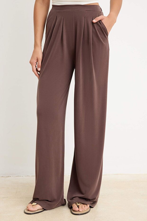 Kahverengi More Sustainable Yumuşak Modal Wide Leg/Geniş Kesim Premium Örme Pantolon TWOSS24PL00071 - 3