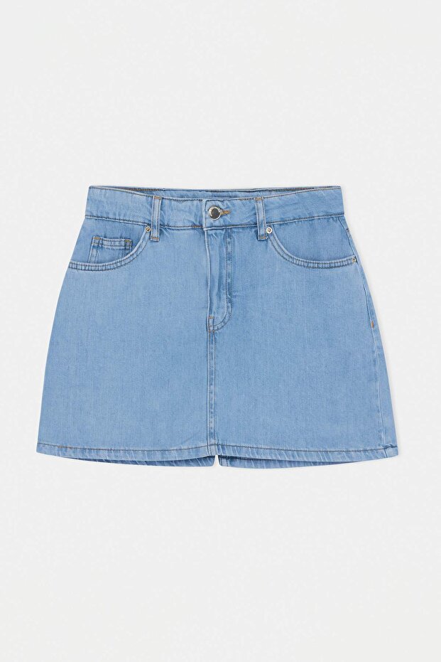 Açık Mavi %100 Pamuk Yüksek Bel Denim Şort Etek TWOSS26SR00110 - 6