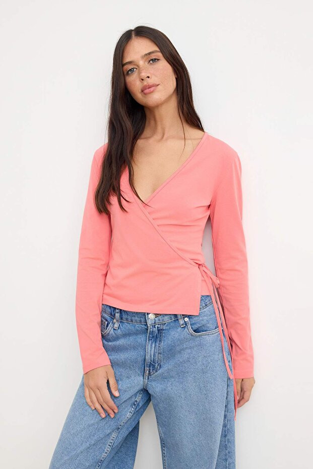 Nar Çiçeği Düz Fitted Kruvaze Standart Kol Uzun Pamuklu Esnek Örme Bluz TWOSS26BZ00708