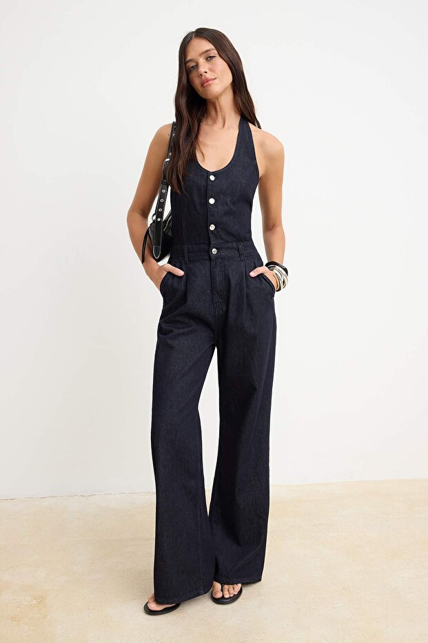 Lacivert Halter Yaka Geniş Paça Denim Tulum TWOSS26TU00030 - 3