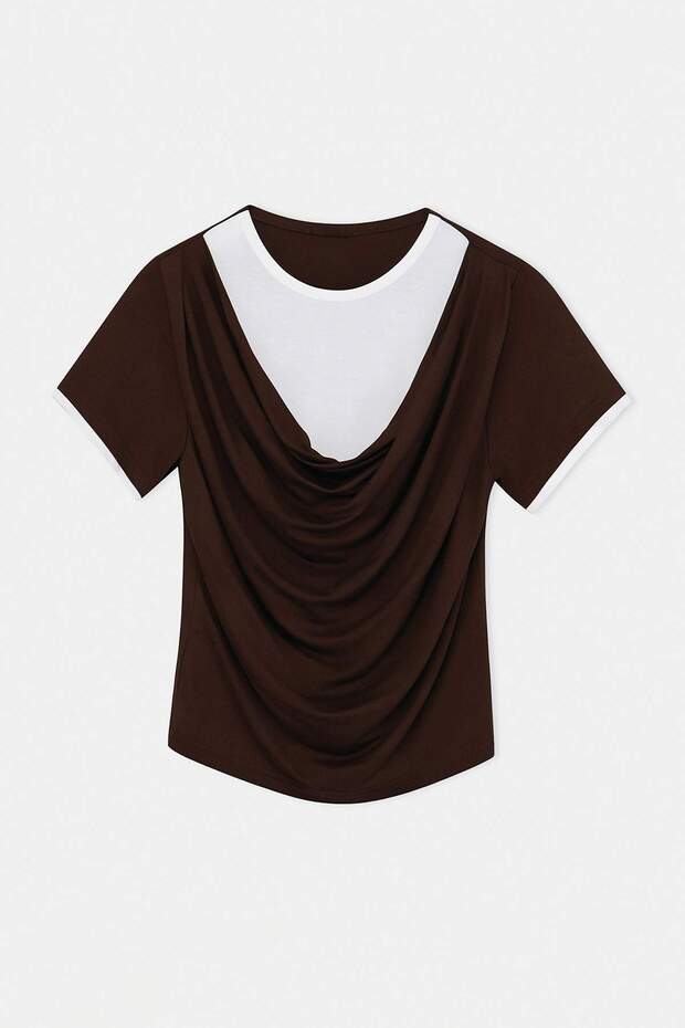 Kahverengi Degaje Yaka Body İçlikli Kısa T-shirt TDRSS26TS00018 - 4