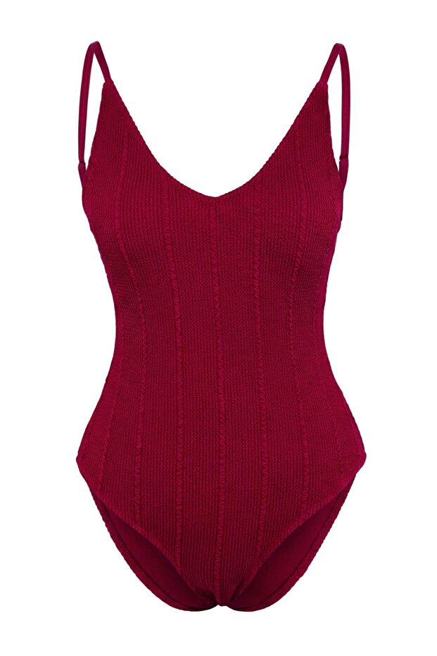 Bordo Sırt Dekolteli V Yaka Kaplı Regular Mayo TBESS24MA00113 - 3