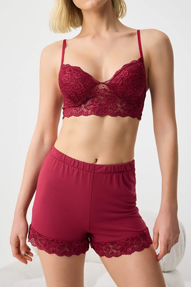 Bordo 4'lü Dantel Detaylı Sabahlık + Gecelik + Bralet + Şort Örme Pijama Takımı THMSS26PT00093 - 5