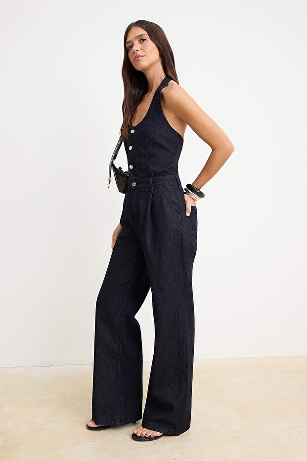 Lacivert Halter Yaka Geniş Paça Denim Tulum TWOSS26TU00030 - 2