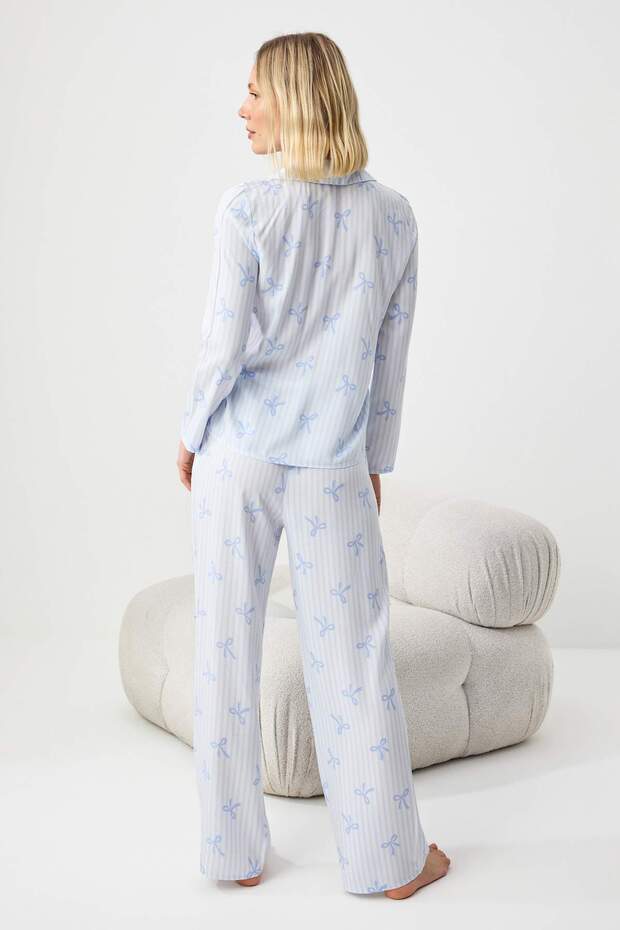Lila-Çok Renkli Kurdele/Fiyonklu Viskon Dokuma Pijama Takımı THMAW21PT0936 - 4