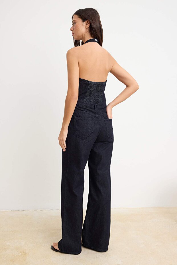 Lacivert Halter Yaka Geniş Paça Denim Tulum TWOSS26TU00030 - 5