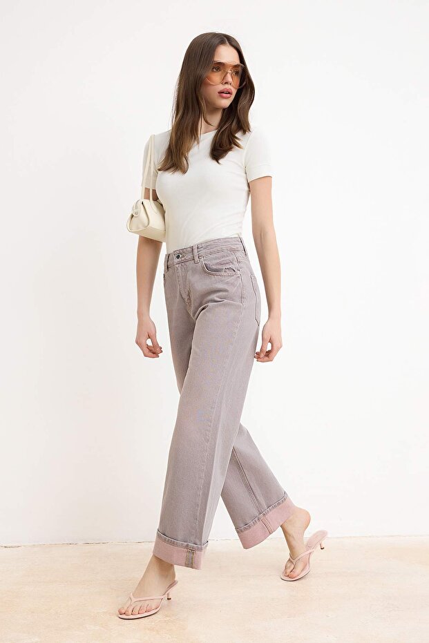 Pembe Paça Katlamalı Vintage Yıkama Yüksek Bel Wide Leg Jeans TWOSS26JE00309 - 1