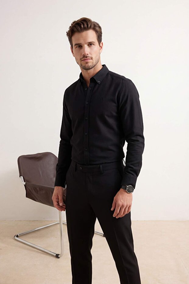 Siyah Normal Kalıp/Regular Fit %100 Pamuk Yazlık Erkek Dokuma Gömlek TMNSS26GO00023 - 1