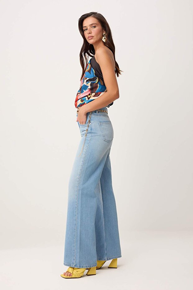 Mavi Kemerli %100 Pamuk Zincir Kemer Detaylı Yüksek Bel Wide Leg Jeans TWOSS26JE00233 - 2