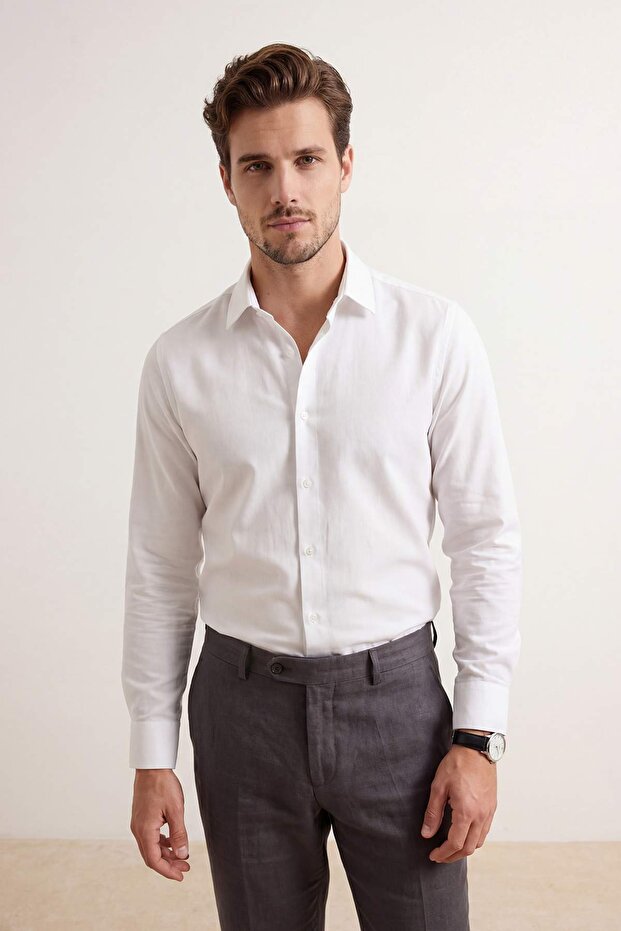 Beyaz Normal Kalıp/Regular Fit Dokulu Yazlık Erkek Dokuma Gömlek TMNSS26GO00028 - 1