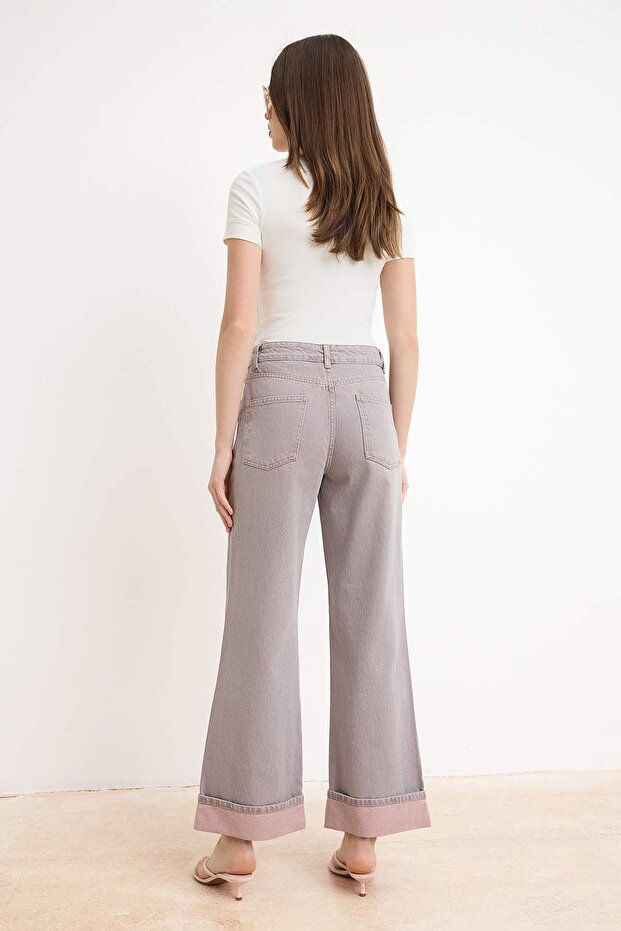 Pembe Paça Katlamalı Vintage Yıkama Yüksek Bel Wide Leg Jeans TWOSS26JE00309 - 4