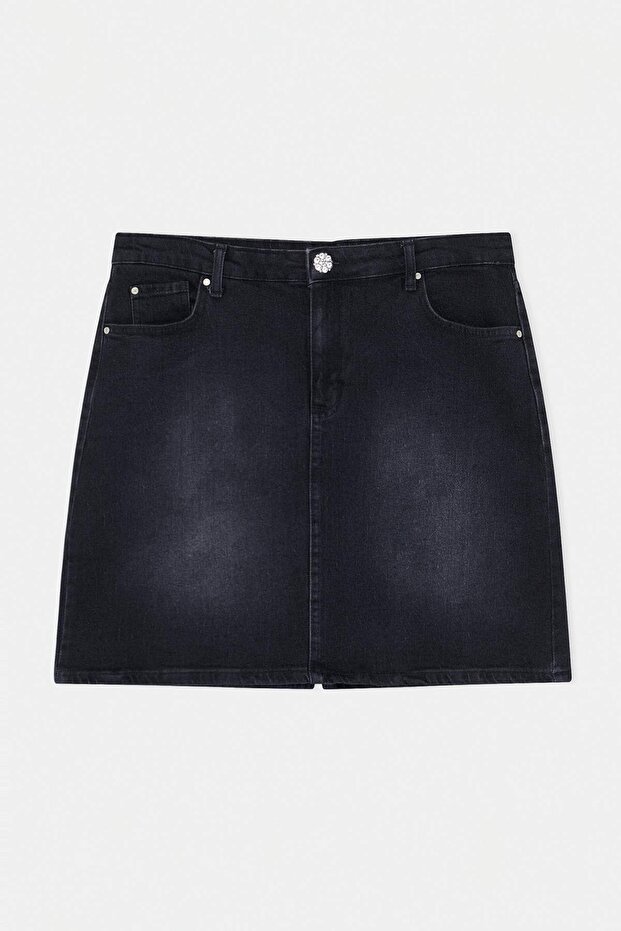 Antrasit Yüksek Bel Taşlı Düğme Comfort/Orta Esnek A Line Denim Büyük Beden Etek TBBSS26AZ00032 - 4