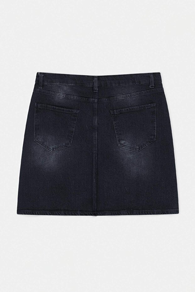 Antrasit Yüksek Bel Taşlı Düğme Comfort/Orta Esnek A Line Denim Büyük Beden Etek TBBSS26AZ00032 - 6