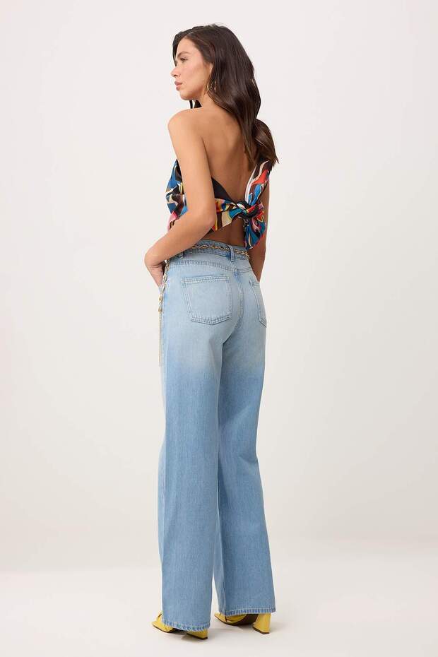Mavi Kemerli %100 Pamuk Zincir Kemer Detaylı Yüksek Bel Wide Leg Jeans TWOSS26JE00233 - 4