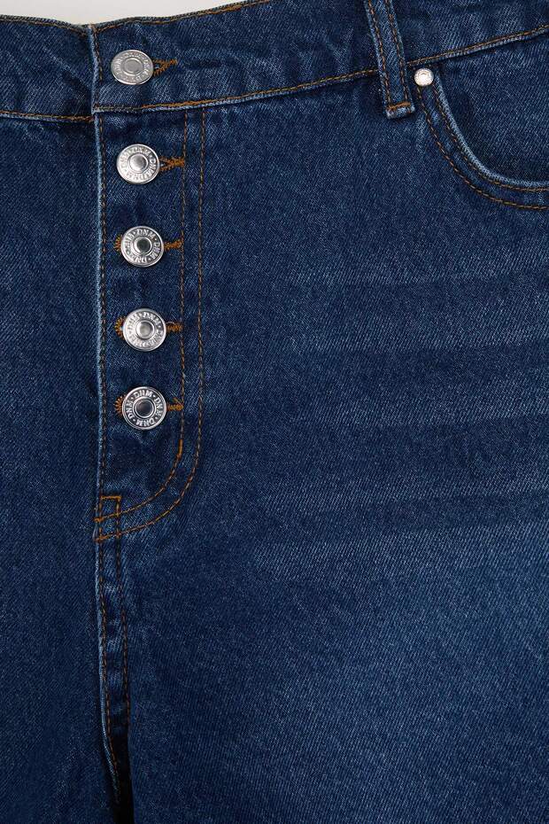 Koyu Mavi Önden Düğmeli Yüksek Lastikli Bel Mini %100 Pamuk Non-Stretch Denim Şort TBBSS26AP00023 - 5