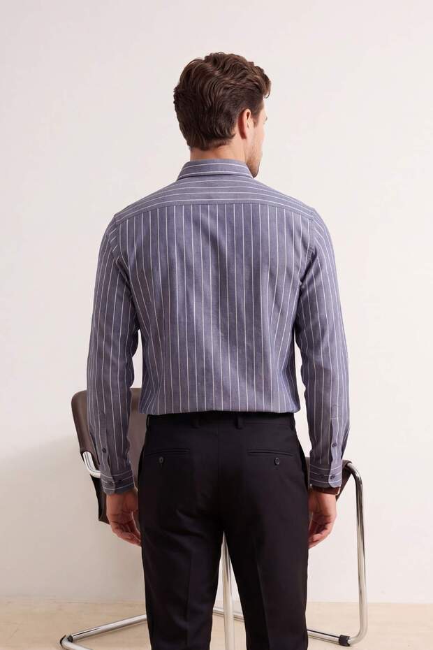 Lacivert Normal Kalıp/Regular Fit Çizgili Keten Dokuma Erkek Gömlek TMNSS26GO00017 - 3