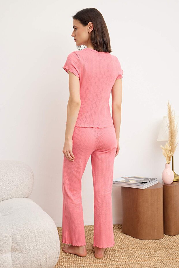 Pembe %100 Pamuklu Baby Overloklu Fitilli/Pointel Örme Pijama Takımı THMSS26PT00012 - 4