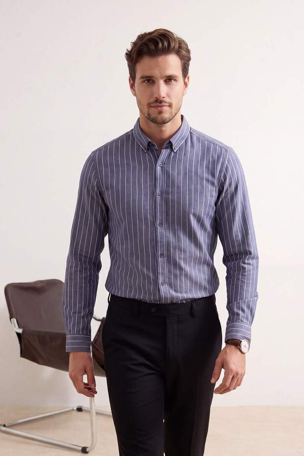 Lacivert Normal Kalıp/Regular Fit Çizgili Keten Dokuma Erkek Gömlek TMNSS26GO00017 - 2