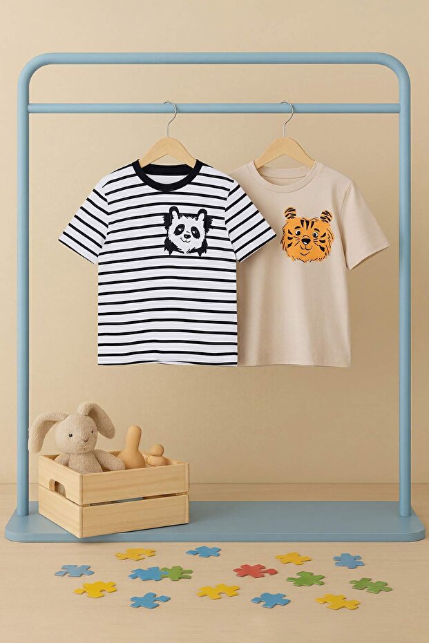 Taş-Ekru 2'li Erkek Çocuk Baskılı Örme T-Shirt TKDSS26TS00039 - 6