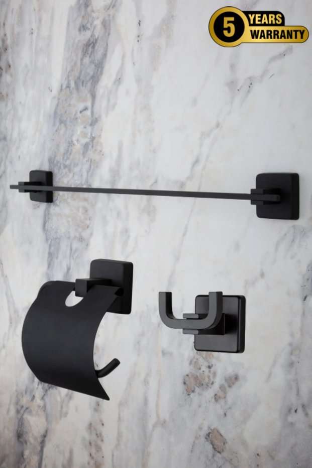 Black Stainless Long Towel Holder / Wide Cover Toilet Roll Holder / Bathroom Hook - Brass Set of 3