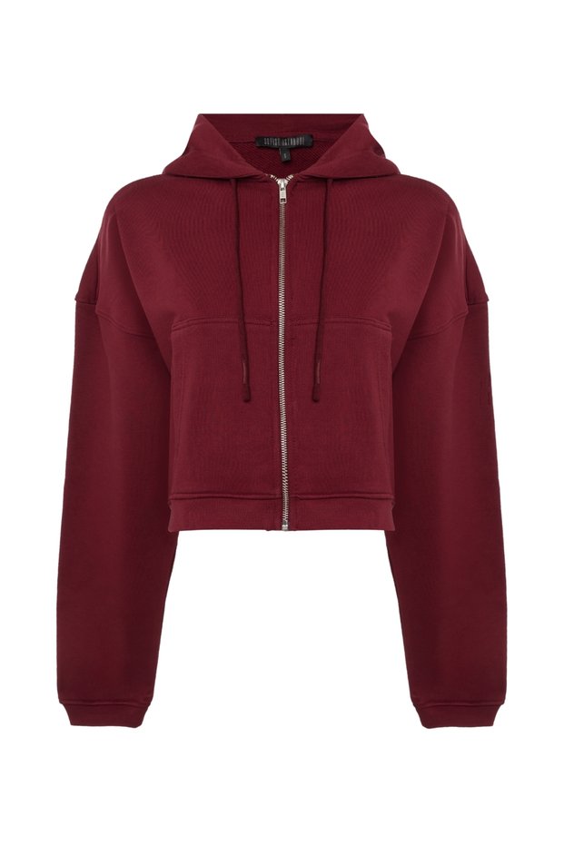 Burgundy Essentials Fit Women's Zip Hoodie 100% Cotton Hooded Off Shoulder Zip Kangaroo Pocket