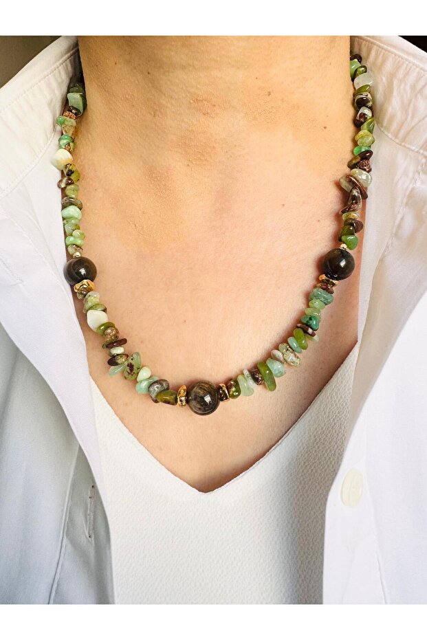 Chrysoprase and Tiger's Eye Natural Stone Necklace 53 cm
