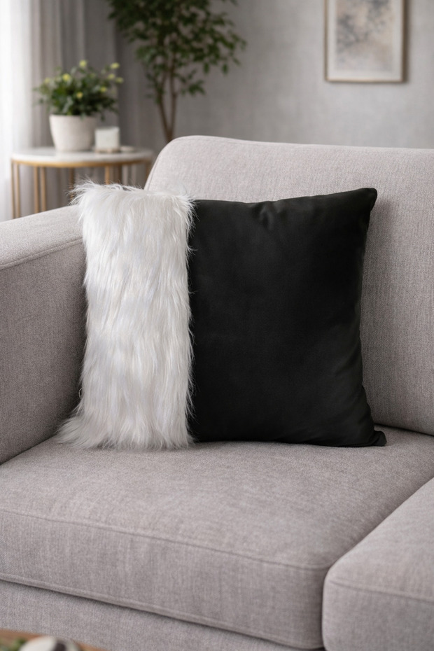 White Plush Detailed Leather Pillow Cushion Cover