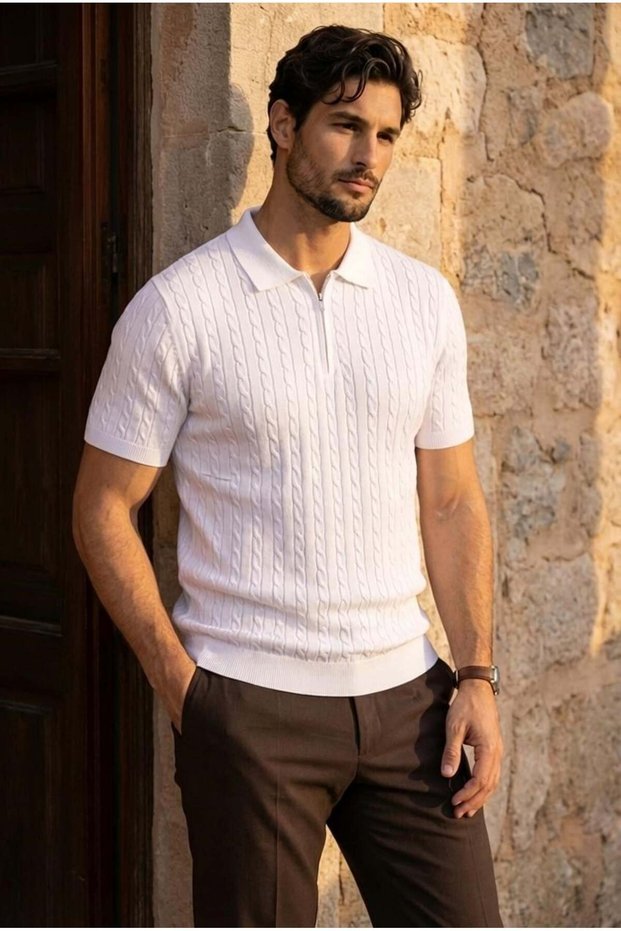 Burke Hair Weave Half Zipper Short Sleeve Thin Knitwear Men's T-Shirt - Ecru