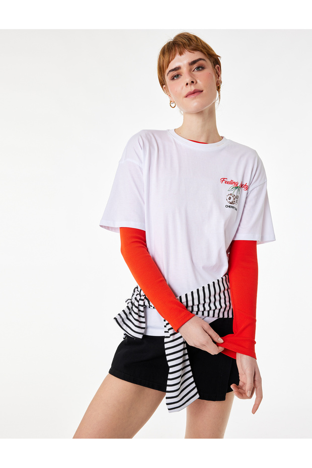 Comfortable Fit Short Sleeve Crew Neck Cotton T-Shirt with Cherry Print on the Back