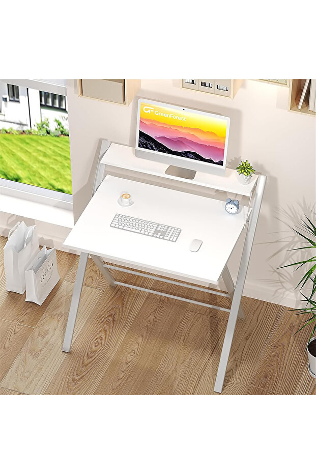 AYZ Bodo Metal Ayaklı Laptop Masası Katlanır Çalışma Masası Raflı Masa Katlanır Laptop Sehpası Çam Beyaz