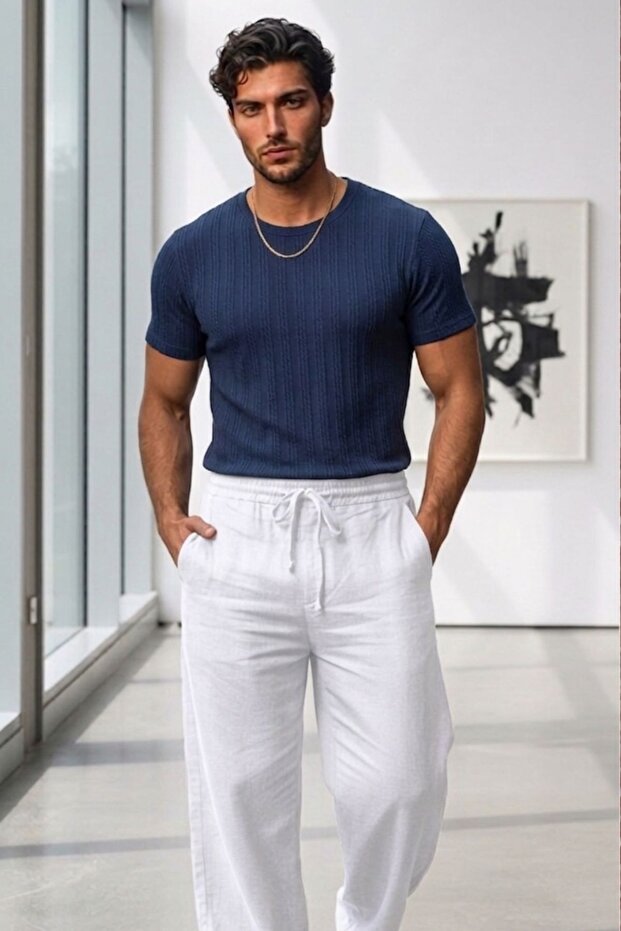 Men's Navy Blue Premium Textured Knitted Crew Neck T-Shirt Trendy Fit