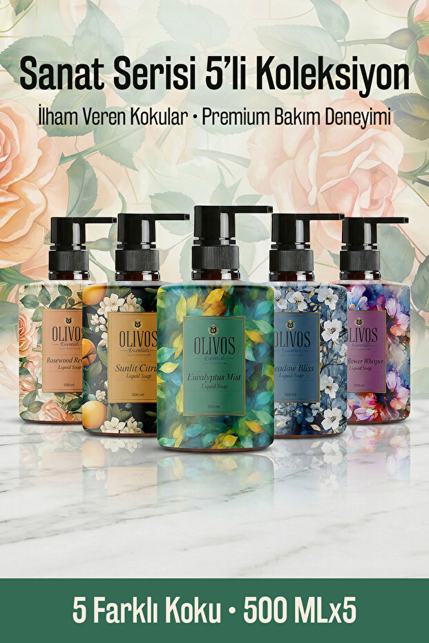 Olivos Sıvı Sabun Sanat Koleksiyonu Deneme Seti: Tablo Gibi Şişe Muhteşem Koku Nemlendiricili 5 ADET 500 ML